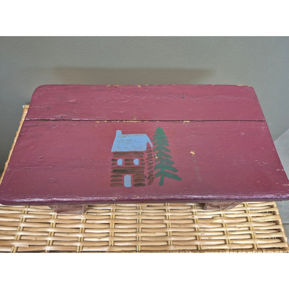 Vintage Wood Step Stool Hand Painted Log Cabin Primitive Rustic Folk Art Decor